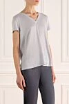 Max&Moi Blue linen T-shirt for women - V-neck. 100% linen. Country of manufacture: Italy. Care: specialized cleaning - photo 3