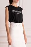 Balmain Black cotton T-shirt for women - Decoration: sleeveless, logo, buttons on the shoulder. 100% cotton. Country of manufacture: Italy. Care: specialized cleaning - photo 3