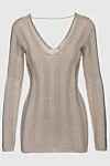 Brunello Cucinelli Beige jumper for women - V-neck, textured knitwear, contrasting stripes. 46% cotton, 40% linen, 14% silk. Country of manufacture: Italy. Care: specialized cleaning - photo 1