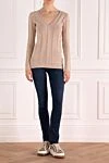 Beige jumper for women Brunello Cucinelli - V-neck, textured knitwear, contrasting stripes. 46% cotton, 40% linen, 14% silk. Country of manufacture: Italy. Care: specialized cleaning - photo 2