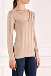 Brunello Cucinelli Beige jumper for women - V-neck, textured knitwear, contrasting stripes. 46% cotton, 40% linen, 14% silk. Country of manufacture: Italy. Care: specialized cleaning - photo 3