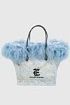 Ermanno Scervino Women's tote bag white with lace and blue fur - logo, lace, contrasting handles, blue feathers. zipper. 66% cotton, 34% polyamide. Country of manufacture: Italy. Care: specialized cleaning - photo 1