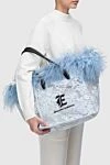 Women's tote bag white with lace and blue fur Ermanno Scervino - logo, lace, contrasting handles, blue feathers. zipper. 66% cotton, 34% polyamide. Country of manufacture: Italy. Care: specialized cleaning - photo 2