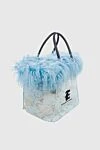 Ermanno Scervino Women's tote bag white with lace and blue fur - logo, lace, contrasting handles, blue feathers. zipper. 66% cotton, 34% polyamide. Country of manufacture: Italy. Care: specialized cleaning - photo 3