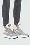 Women's gray sneakers-boots made of leather and fur Valentino - logo, contrasting inserts. leather, fur. lacing. Country of manufacture: Italy. Care: specialized cleaning - photo 2