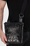 Black crocodile leather shoulder bag for men Tardini - Textured leather. Adjustable strap. 100% crocodile. Three compartments. Closure: Zipper. Country of manufacture: Italy. Care: specialized cleaning - photo 2