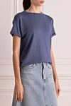 Brunello Cucinelli Women's blue cotton T-shirt with cuffed sleeves - 51% cashmere, 22% silk, 20% polyamide, 7% polyester. Country of manufacture: Italy. Care: specialized cleaning - photo 3