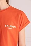 Balmain Orange cotton T-shirt for women - logo, free cut. 100% cotton. Country of manufacture: Italy. Care: specialized cleaning - photo 5