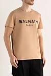 Balmain Beige cotton T-shirt for men - logo print. 100% cotton. Country of manufacture: Italy. Care: specialized cleaning - photo 3