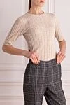 Brunello Cucinelli Beige jumper for women - textured knitwear, short sleeve. 47% polyamide, 45% linen, 8% polyester. Country of manufacture: Italy. Care: specialized cleaning - photo 3