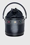 Women's black leather barrel bag with crystals Saint Laurent - leather patch with logo, metal rivets. genuine leather. drawstring. Country of manufacture: Italy. Care: specialized cleaning - photo 4