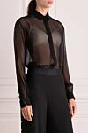Saint Laurent Блуза з шовку чорна жіноча - контрастна вставка. шовк. гудзики. Країна виробник: Італія. Догляд: спеціалізоване чищення - фото 3