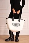 Women's large white tote bag with black handles Balenciaga - logo. cotton, leather. Country of manufacture: Italy. Care: specialized cleaning - photo 2