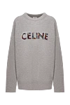 Celine Gray wool sweater for women - logo embroidery with multi-colored rhinestones, loose cut, ribbed finish. 100% wool. Country of manufacture: Italy. Care: specialized cleaning - photo 1