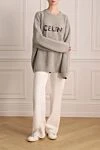 Gray wool sweater for women Celine - logo embroidery with multi-colored rhinestones, loose cut, ribbed finish. 100% wool. Country of manufacture: Italy. Care: specialized cleaning - photo 2