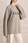 Celine Gray wool sweater for women - logo embroidery with multi-colored rhinestones, loose cut, ribbed finish. 100% wool. Country of manufacture: Italy. Care: specialized cleaning - photo 3