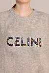 Celine Gray wool sweater for women - logo embroidery with multi-colored rhinestones, loose cut, ribbed finish. 100% wool. Country of manufacture: Italy. Care: specialized cleaning - photo 5