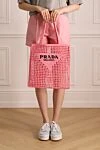 Women's wicker bag pink with black logo Prada - weaving, embroidered logo. Ingredients: raffia. Size: 36cm x 35cm x 4cm. Country of manufacture: Italy. Care: specialized cleaning - photo 2