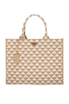 Prada Women's bag made of beige textile in a geometric pattern - triangular metal logo, geometric pattern all over the surface. textile. zipper. Country of manufacture: Italy. Care: specialized cleaning - photo 1