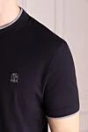 Brunello Cucinelli Blue cotton T-shirt for men - contrasting border on the collar, logo. 100% cotton. Country of manufacture: Italy. Care: specialized cleaning - photo 5