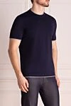 Brunello Cucinelli Blue cotton T-shirt for men - contrasting border on the collar. 100% cotton. Country of manufacture: Italy. Care: specialized cleaning - photo 3