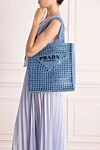 Blue bag for women Prada - braided cut, embroidered logo. 100% paper yarn. Country of manufacture: Italy. Care: specialized cleaning - photo 2