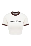Miu Miu Women's beige cotton and polyamide T-shirt - logo, contrast edging on collar and sleeves. 93% viscose, 7% polyamide. Country of manufacture: Italy. Care: specialized cleaning - photo 1