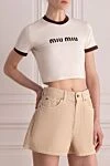 Miu Miu Women's beige cotton and polyamide T-shirt - logo, contrast edging on collar and sleeves. 93% viscose, 7% polyamide. Country of manufacture: Italy. Care: specialized cleaning - photo 3