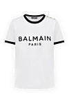 Balmain Women's white cotton T-shirt - Balmain Paris logo, piping on collar and sleeves, three buttons on shoulder. 100% cotton. Country of manufacture: Italy. Care: specialized cleaning - photo 1