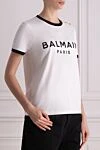 Balmain Women's white cotton T-shirt - Balmain Paris logo, piping on collar and sleeves, three buttons on shoulder. 100% cotton. Country of manufacture: Italy. Care: specialized cleaning - photo 3