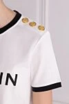 Balmain Women's white cotton T-shirt - Balmain Paris logo, piping on collar and sleeves, three buttons on shoulder. 100% cotton. Country of manufacture: Italy. Care: specialized cleaning - photo 5