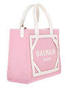 Balmain Women's cotton and leather bag pink - Embroidered Balmain Paris logo. 100% cotton.. Dimensions: 8.5 x 26 x 32.5 cm.. Strap: Shoulder strap: 90 cm.. Internal zip pocket.. Leather clasp with gold metal buttons.. Country of manufacture: Italy. Care: specialized cleaning - photo 3