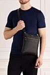 Men's black shoulder bag made of genuine leather Serapian - brand logo, textured leather. 100% genuine leather. Closure: zipper. zip pocket. Country of manufacture: Italy. Care: specialized cleaning - photo 2