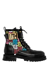 Balmain Women's black leather boots with colorful print - brand logo pattern, buckle. 100% genuine leather. Closure: laces. Country of manufacture: Italy. Care: specialized cleaning - photo 1