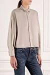 Brunello Cucinelli Blouse for women beige - collar edging. 72% cotton, 23% polyamide, 5% elastane. Closure: buttons. Pocket: Chest pocket. Country of manufacture: Italy. Care: specialized cleaning - photo 3