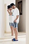 Men's beach shorts blue with stripes Isaia - stripe pattern. 100% polyester. Closure: drawstring. two side pockets, one back pocket. Country of manufacture: Italy. Care: specialized cleaning - photo 8