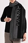 Gray woolen scarf with logo for men Prada - brand logo, fringe. 100% wool. Country of manufacture: Italy. Care: specialized cleaning - photo 2