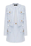 Balmain Blue cotton cage suit with skirt - branded buttons. 90% cotton, 10% polyamide. Closure: buttons. four pockets on the skirt, four pockets on the jacket. Country of manufacture: Italy. Care: specialized cleaning - photo 1