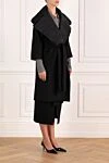 Fleur de Paris Women's coat with a wide turn-down collar in black. - 50% wool, 50% polyester. belt. two side pockets. Country of manufacture: Italy. Care: specialized cleaning - photo 3