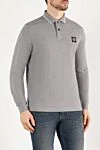 Stone Island Gray melange polo with long sleeves for men - brand logo, stripes on the collar. 95% cotton, 5% elastane. Closure: buttons. Country of manufacture: Italy. Care: specialized cleaning - photo 3