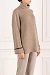 Brunello Cucinelli Women's beige ribbed jumper with high collar - contrasting edging on cuffs. 90% cashmere, 10% silk. Country of manufacture: Italy. Care: specialized cleaning - photo 3
