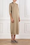 Brunello Cucinelli Knitted midi dress with polo collar in beige with short sleeves - mesh knit. 85% cotton, 15% metallic. Fastener: buttons. Country of manufacture: Italy. Care: specialized cleaning - photo 3