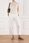 Snow-white cotton trousers for women with a classic line and impeccable fit Brunello Cucinelli - 100% cotton. Color: white. Fastener: buttons, zipper. Country of manufacture: Italy. Care: specialized cleaning - photo 2