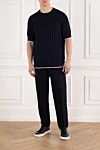 Men's Navy Blue Linen Cotton Drawstring Trousers with Pleats Brunello Cucinelli - tucks. 54% linen, 46% cotton. Fastener: drawstring, zipper, button. two side pockets, two back pockets. Country of manufacture: Italy. Care: specialized cleaning - photo 2