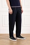 Brunello Cucinelli Men's Navy Blue Linen Cotton Drawstring Trousers with Pleats - tucks. 54% linen, 46% cotton. Fastener: drawstring, zipper, button. two side pockets, two back pockets. Country of manufacture: Italy. Care: specialized cleaning - photo 3