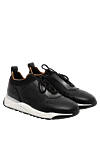 Santoni Men's black sneakers made of genuine leather on a gray sole - Decoration: orange stitch details. 100% calfskin. ribbed rubber sole. lace-up. Country of manufacture: Italy. Care: specialized cleaning - photo 3
