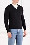 Corneliani Black wool jumper with a V-neck for men - brand logo. 100% wool. Country of manufacture: Italy. Care: specialized cleaning - photo 3