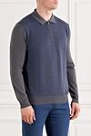 Corneliani Blue jacquard wool polo shirt with zip and grey sleeves - 100% wool. Fastener: zipper. Country of manufacture: Italy. Care: specialized cleaning - photo 3