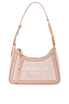 Balmain Замшева сумка B-Army із полотна зі шкіряними вставками рожевого кольору жіноча - вишитий логотип. 80% замша, 20% натуральна шкіра. Розмір: 23 x 15,5 x 7 див.. Довжина ременя: регульований ремінець. внутрішня кишеня для карток з тисненої шкіри . видима застібка-блискавка, шкіряний бігунок PB. Країна виробник: Італія. Догляд: спеціалізоване чищення - фото 1