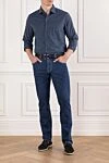 Dark blue cotton cashmere jeans with red trim and checkered patch Scissor Scriptor - 93% cotton, 6% cashmere, 1% elastomer. zipper, button, drawstring. five pockets. . 